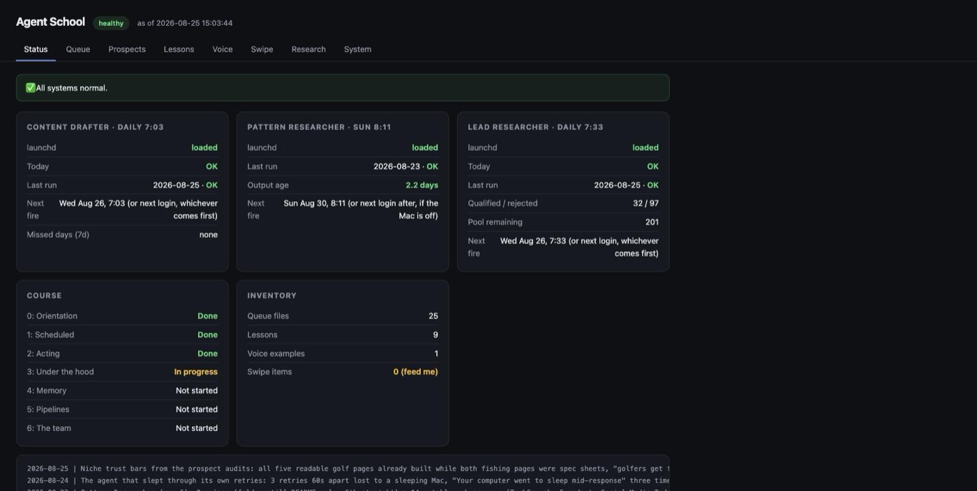 Agent School dashboard showing three scheduled agents reporting healthy status