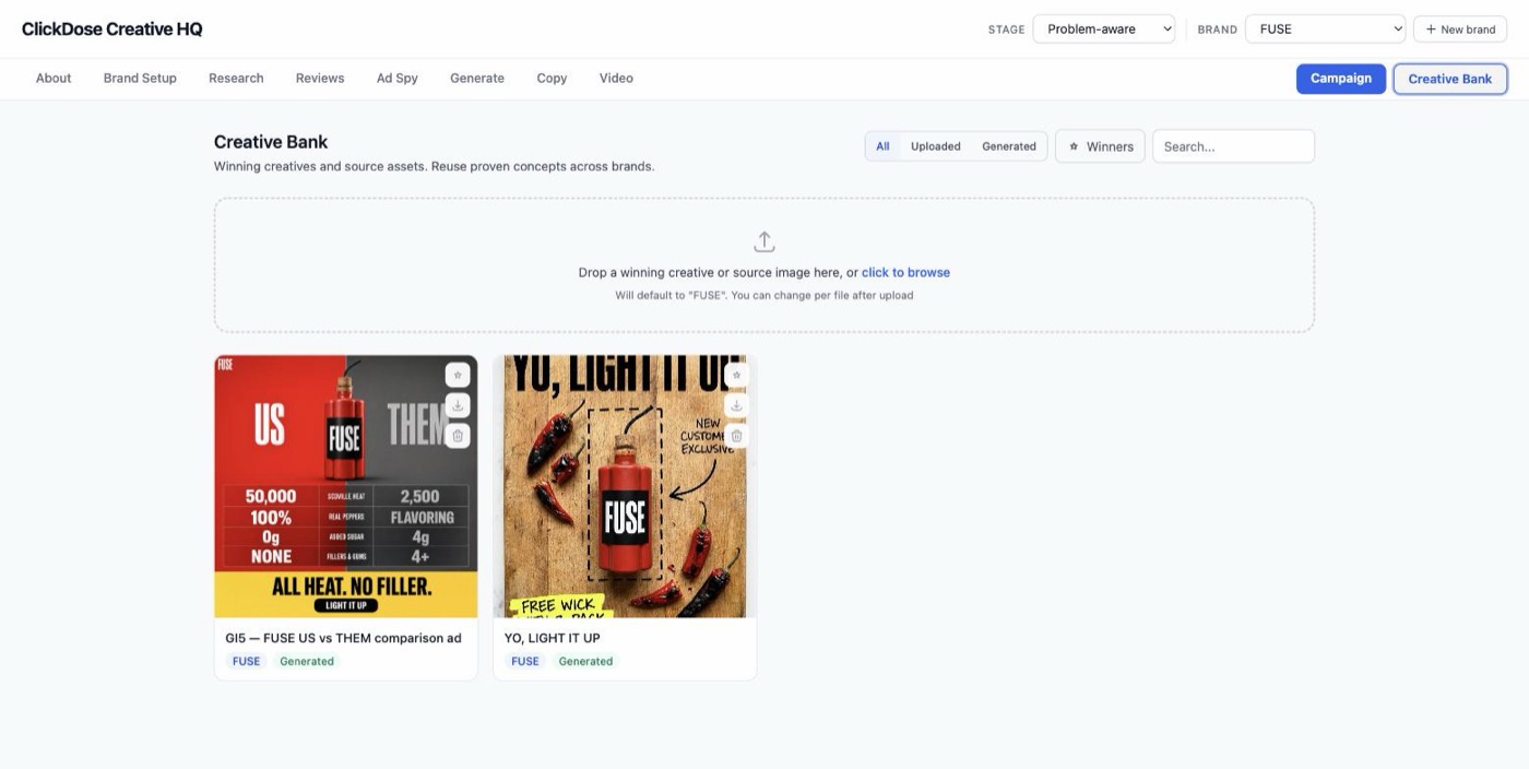 ClickDose Creative HQ app showing AI-generated ad creative in the Creative Bank