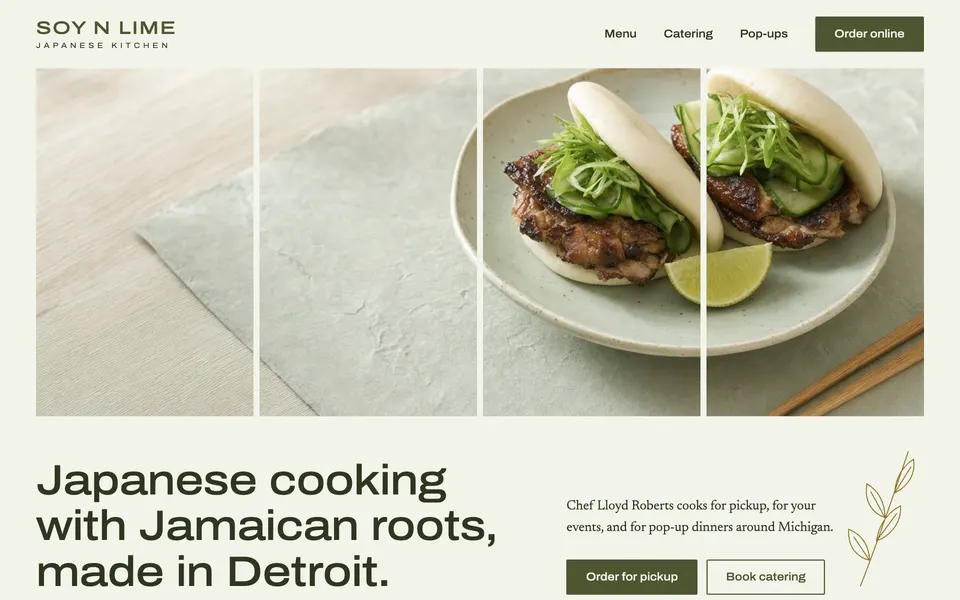 Soy N Lime design direction with a light sage look and food photography