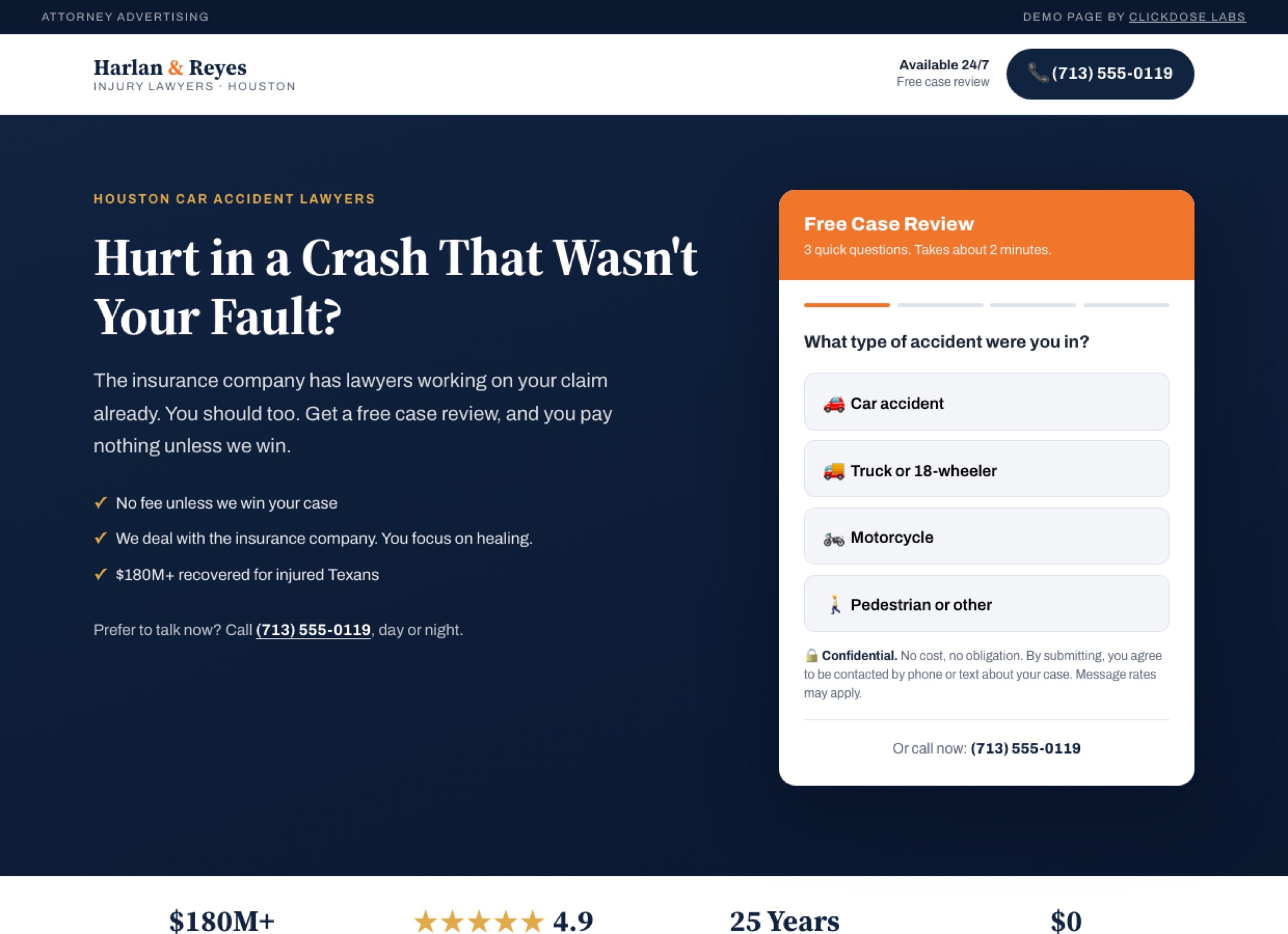Harlan Reyes lead gen page built by ClickDose Labs