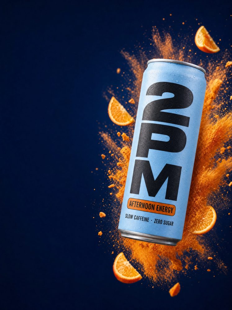 A can of 2PM with a burst of orange powder behind it