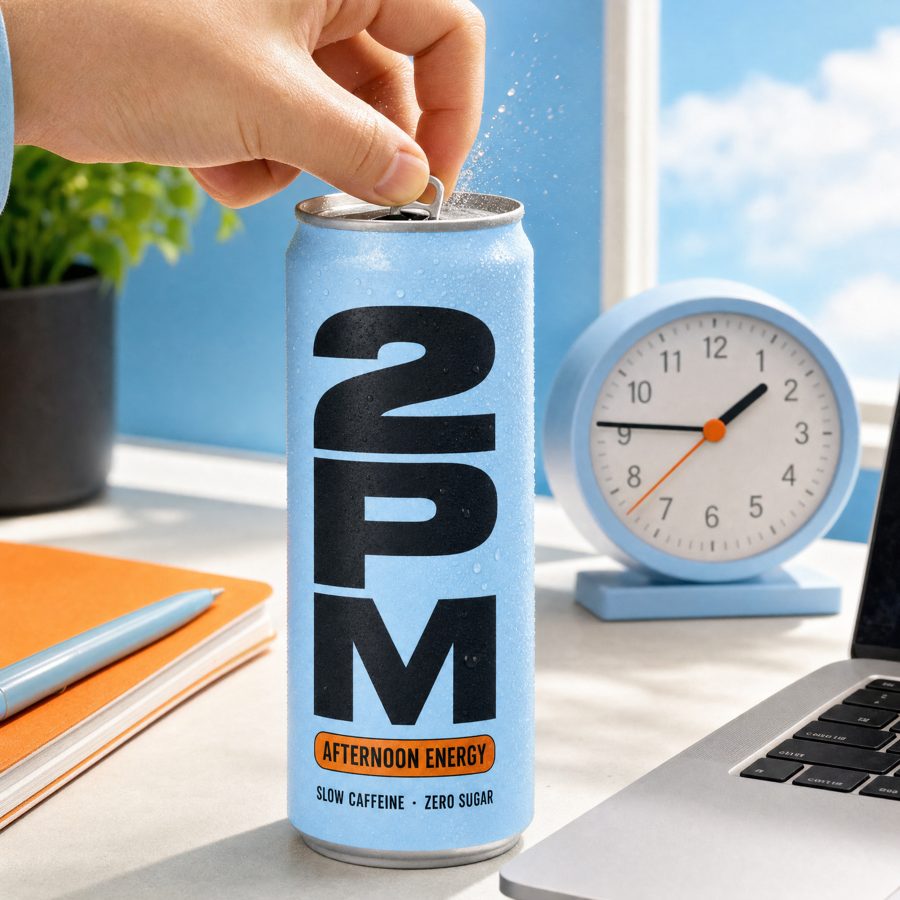 Hand cracking open a can of 2PM at a desk, clock reading 1:45