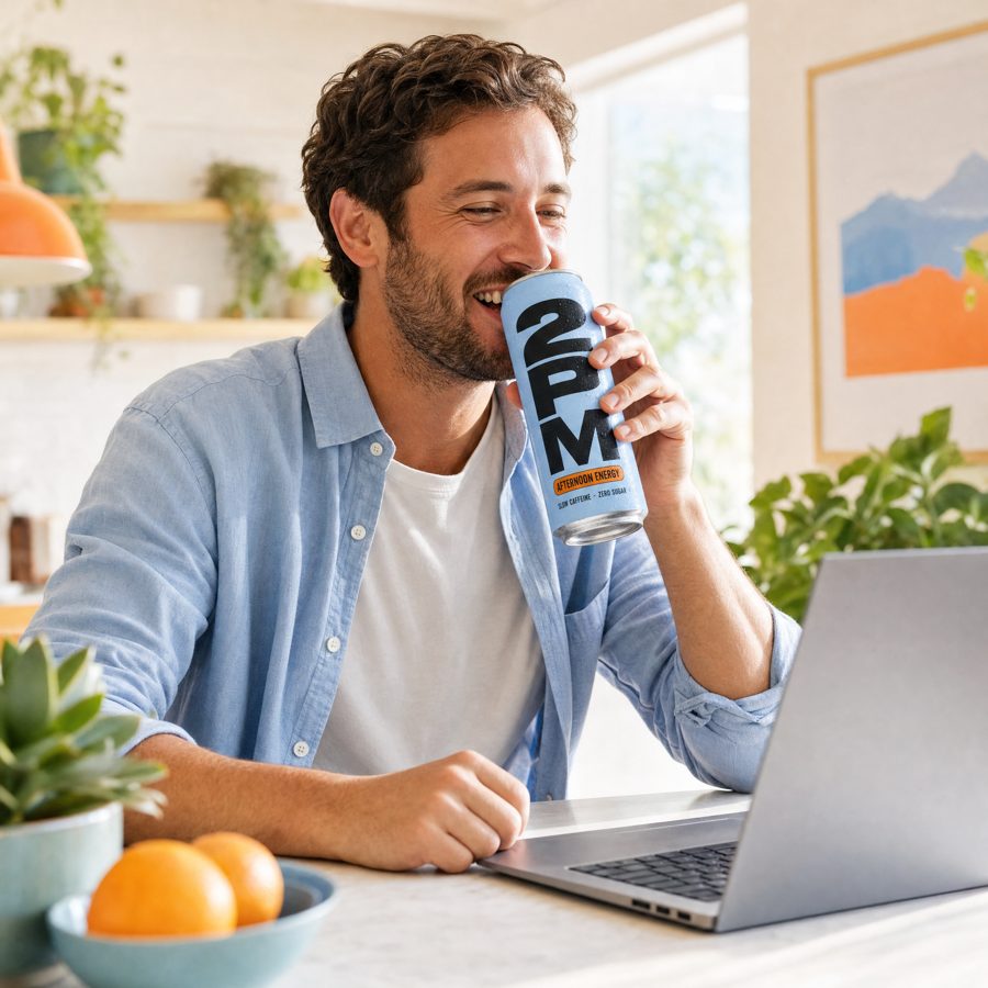 Man laughing on a video call while sipping a can of 2PM