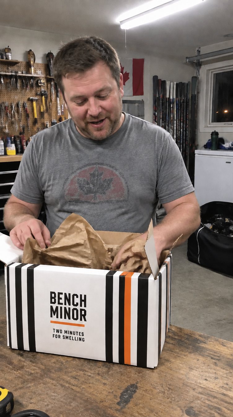 Dave opening his Bench Minor box on a garage workbench