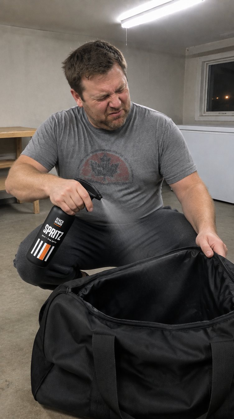 Dave spraying Spritz into his open hockey bag