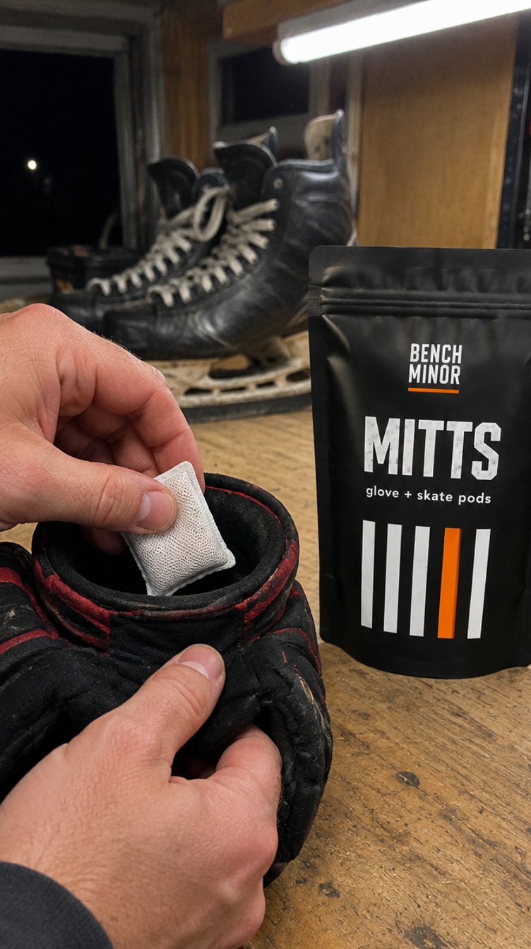 A Mitts pod going into a hockey glove