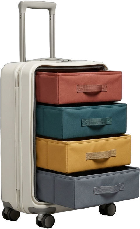 The BUREAU carry-on standing open with four colored sliding drawers inside