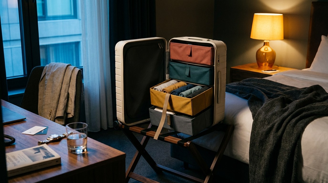 The BUREAU carry-on open on a luggage rack in a hotel room at dusk, one drawer pulled out