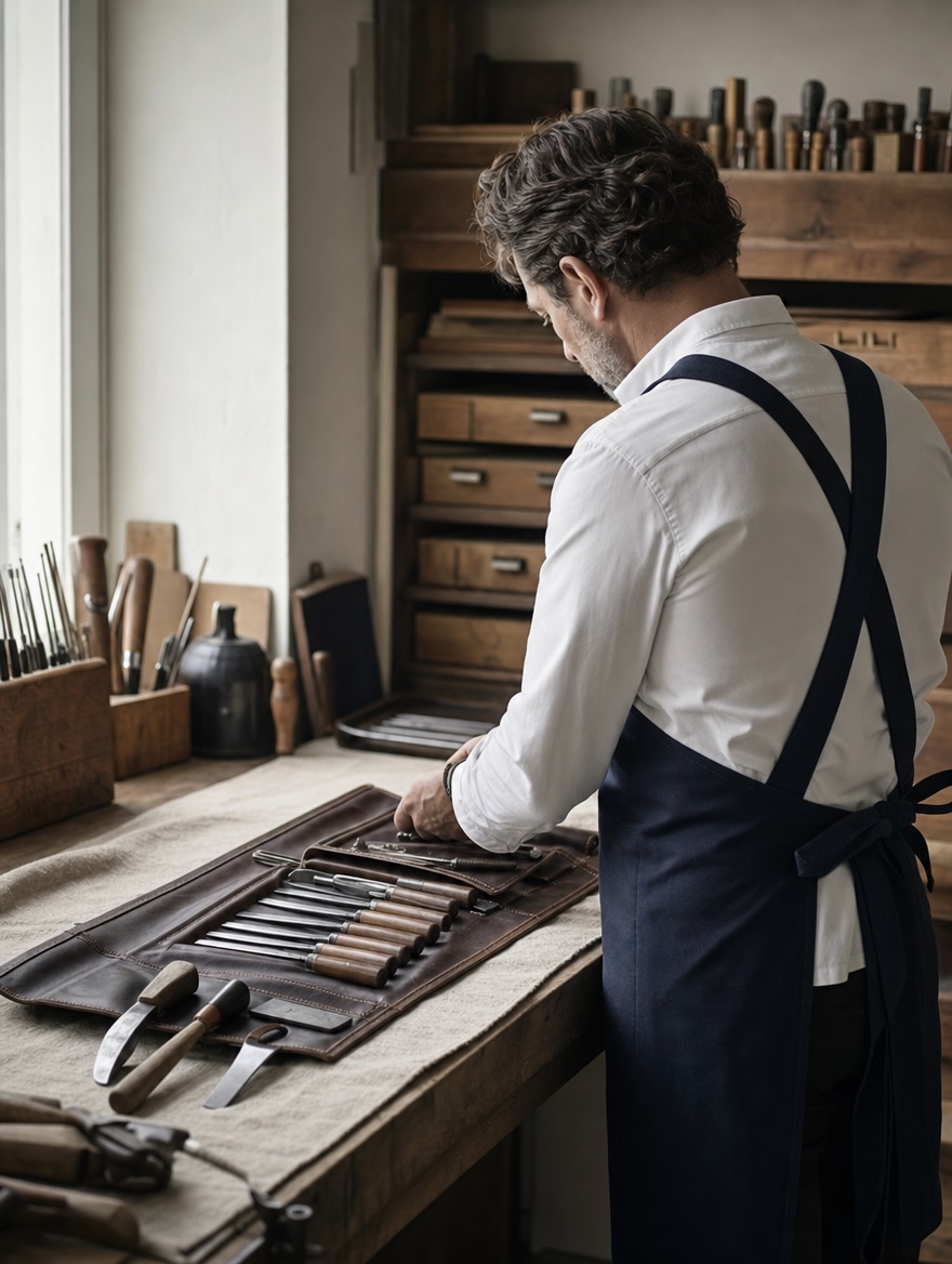 Craftsman arranging polished tools in a leather roll