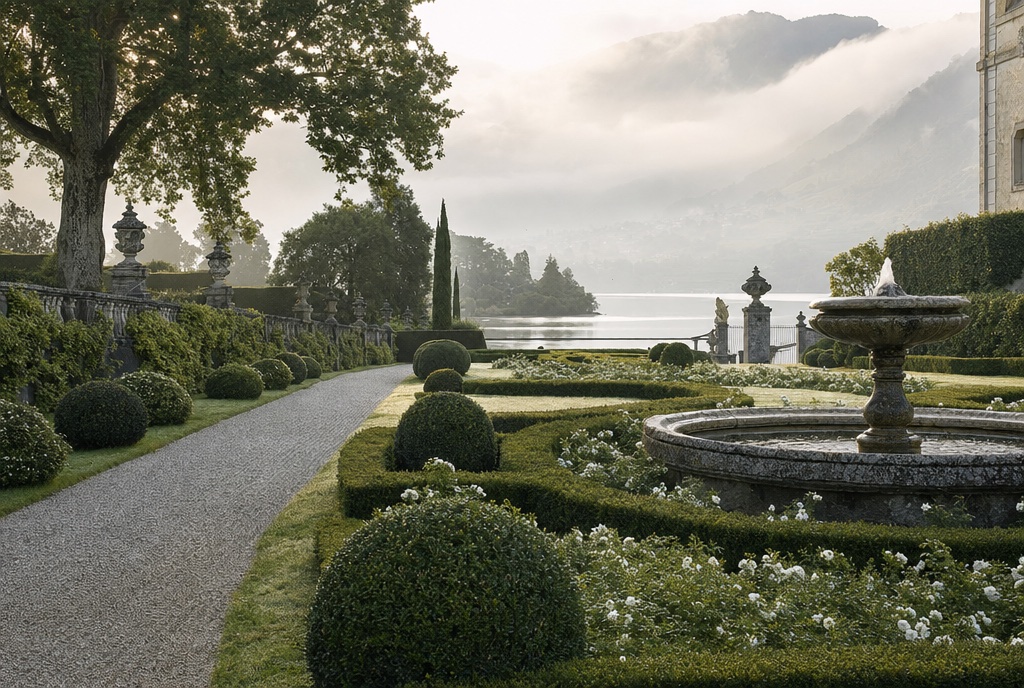 Formal estate garden with stone fountain in morning mist