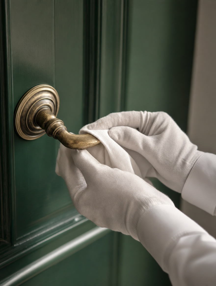 White gloved hands polishing a brass handle on a green door