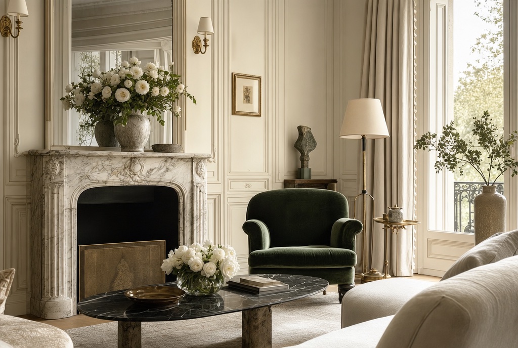 Estate manager walking through an elegant ivory drawing room
