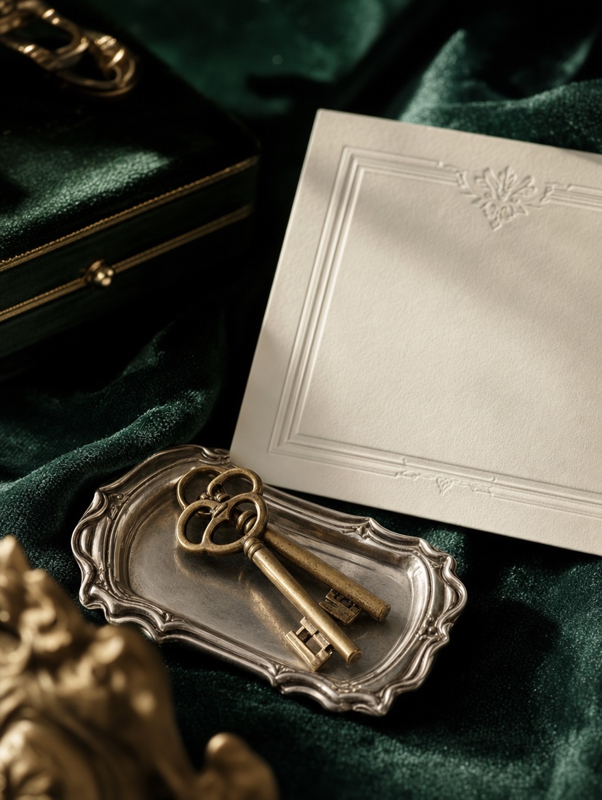 Brass estate keys on a silver tray with a letterpressed card