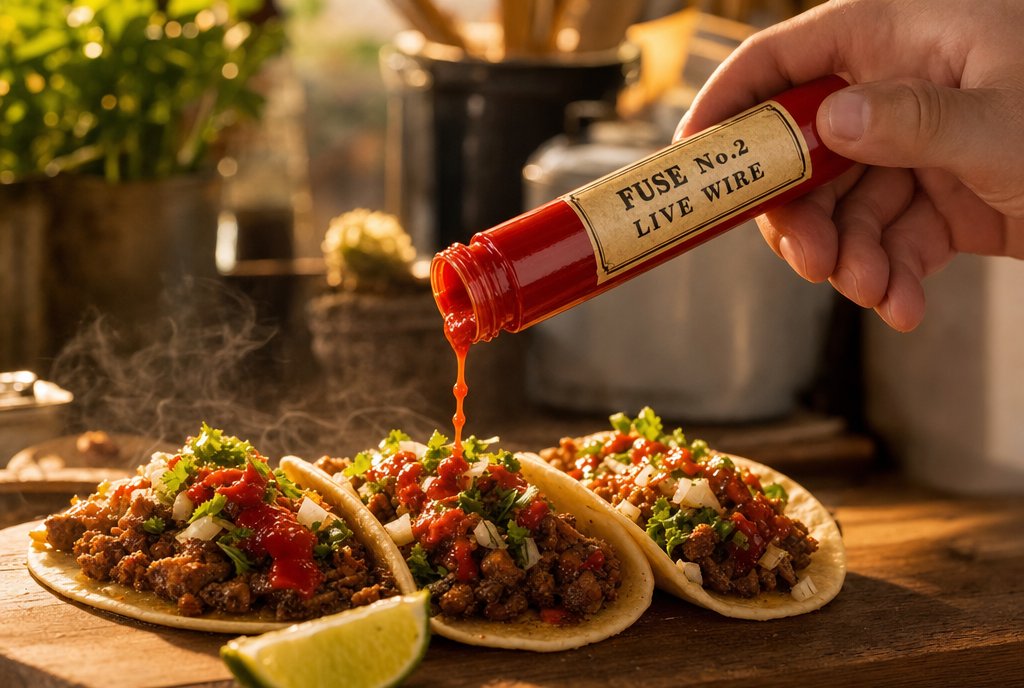 FUSE hot sauce being drizzled over street tacos