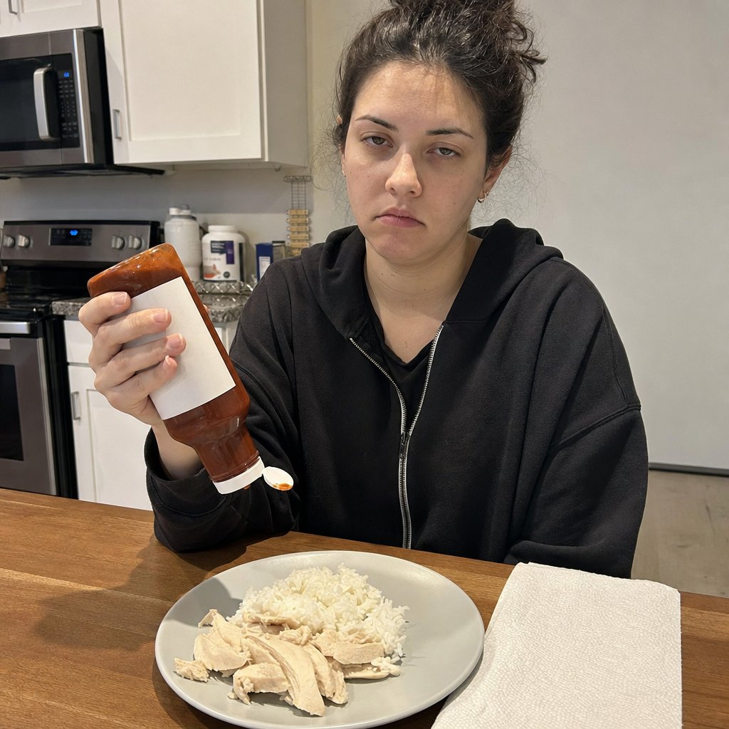 Bored woman shaking a hot sauce bottle over a plain gray meal