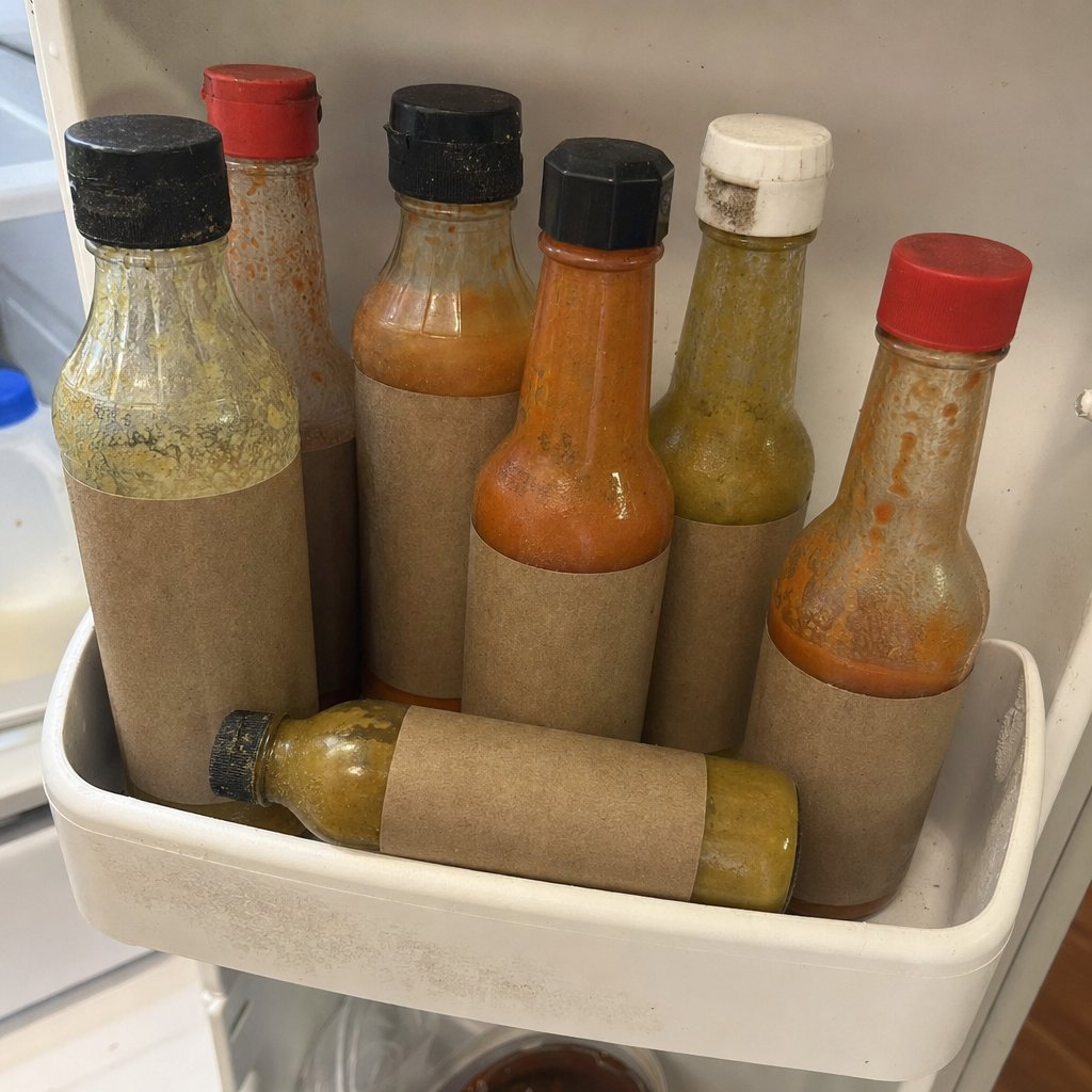Fridge door shelf crowded with dusty, nearly full hot sauce bottles
