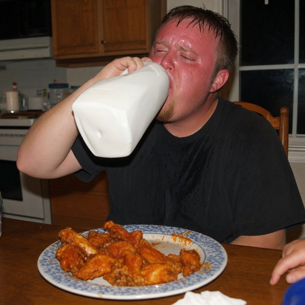 Man red-faced and sweating over a plate of wings, reaching for milk