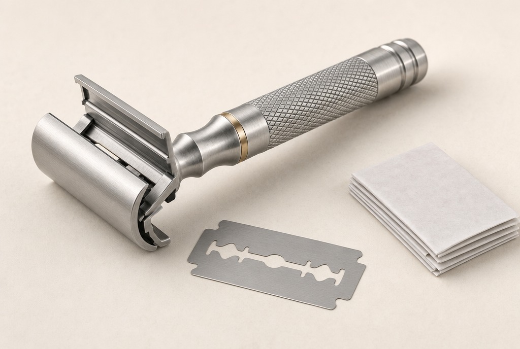 The razor opened beside a single blade and a stack of paper-wrapped blades