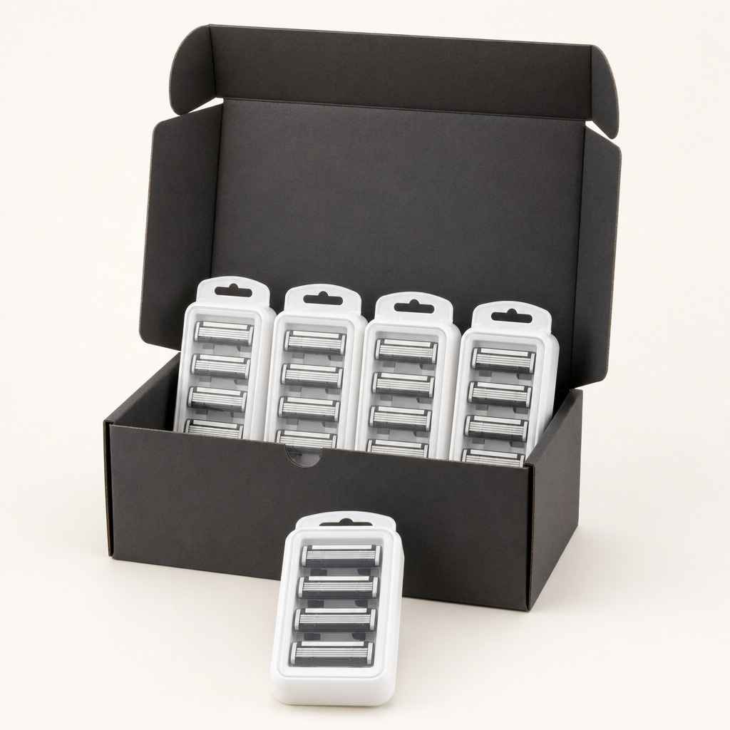 An unbranded subscription box of plastic cartridge refills
