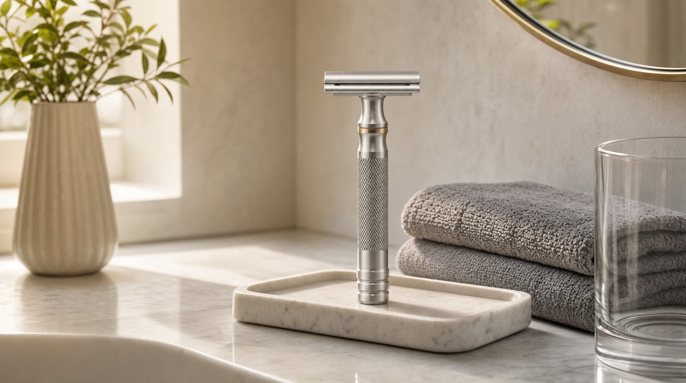 The razor standing on a marble tray on a bathroom counter