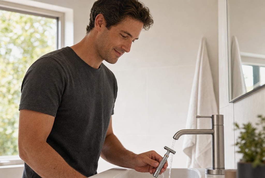 A man rinsing the HEFT razor at his bathroom sink in the morning