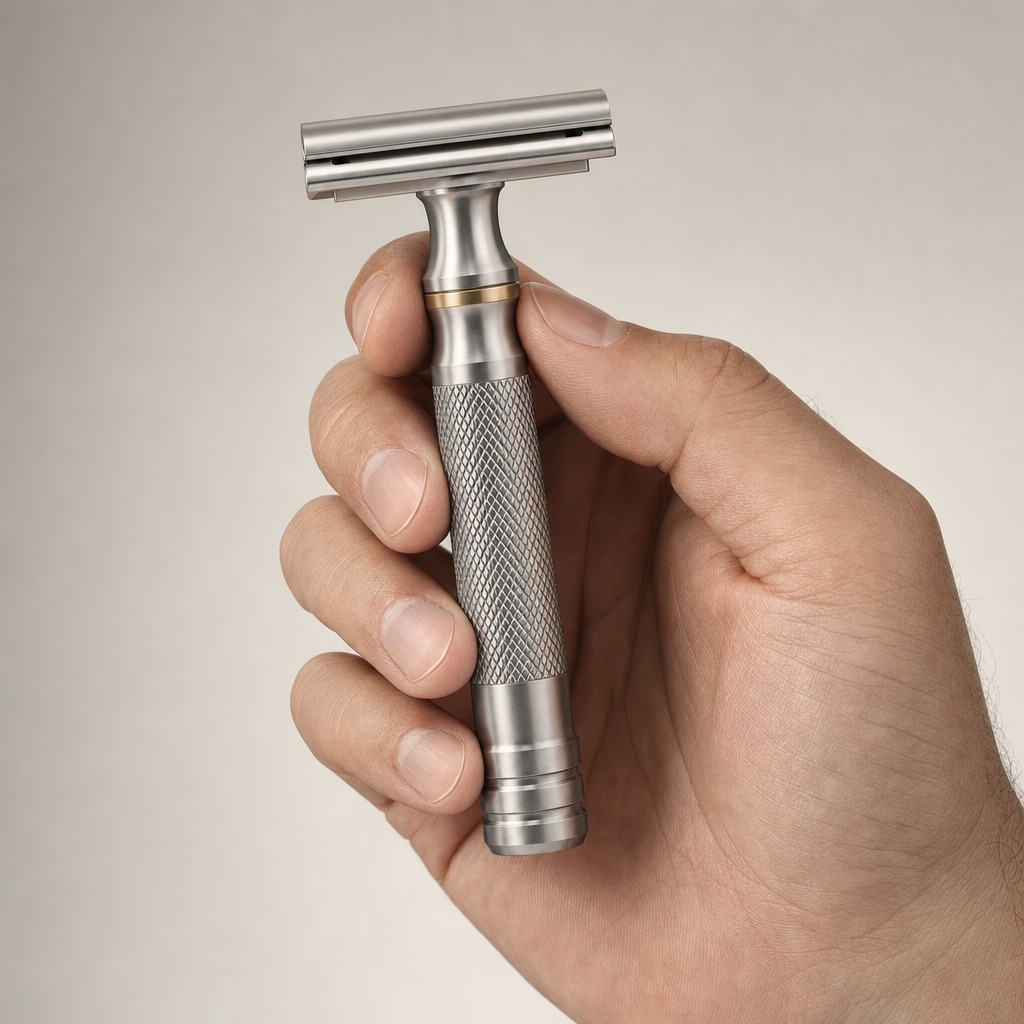 A hand holding the knurled steel handle