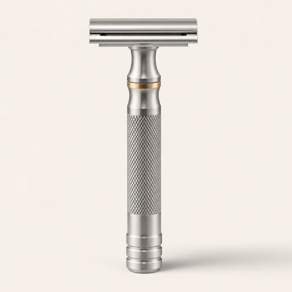 The HEFT Mk.1 stainless steel safety razor standing upright