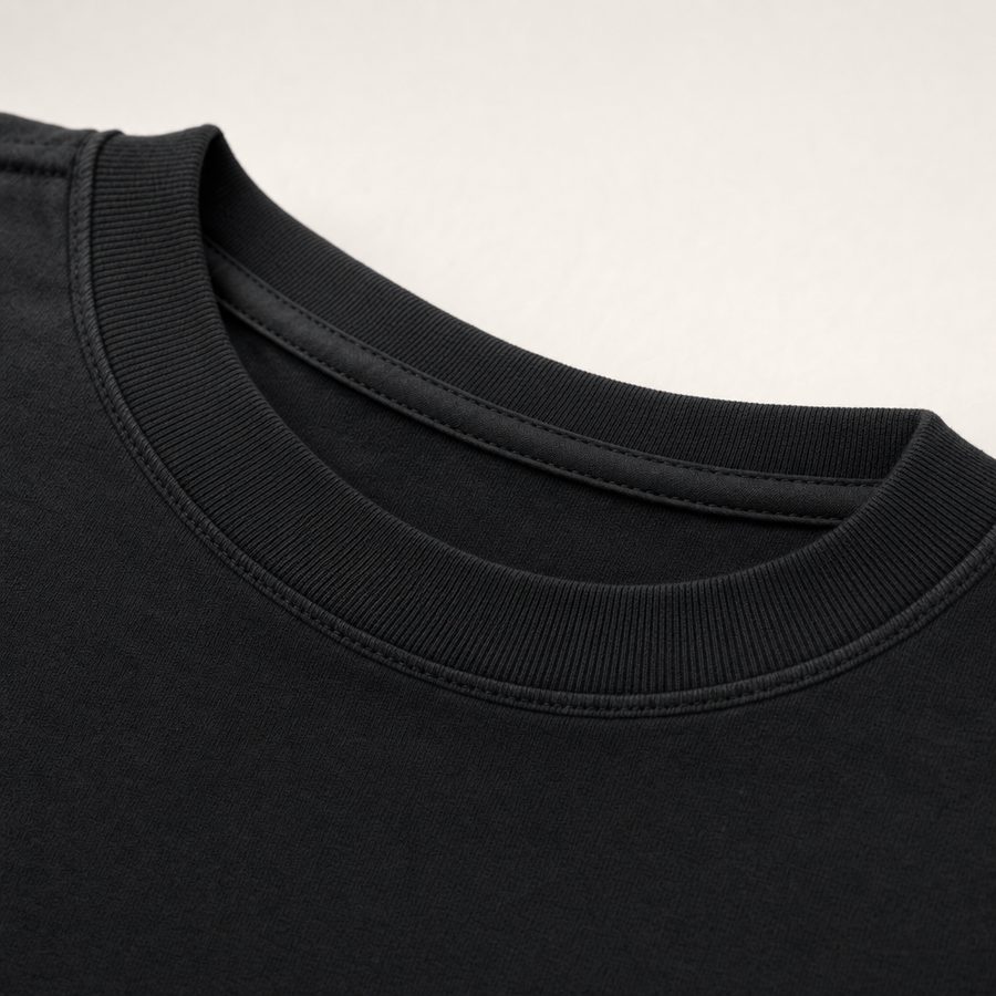 Close-up of the KEPT tee's ribbed collar and taped back-neck seam