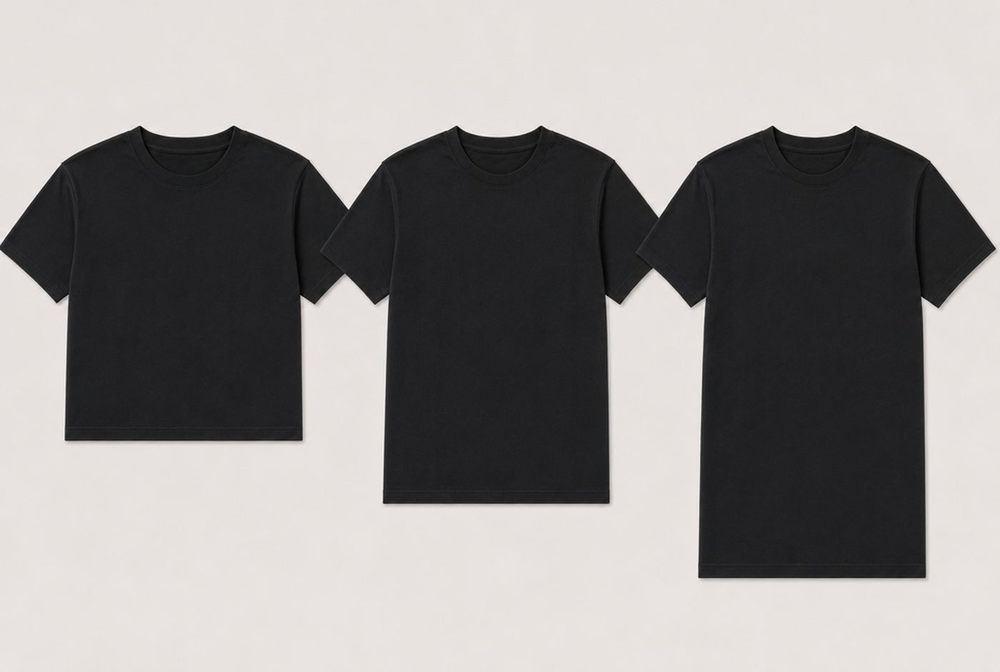 Three KEPT tees laid flat in short, regular and long lengths