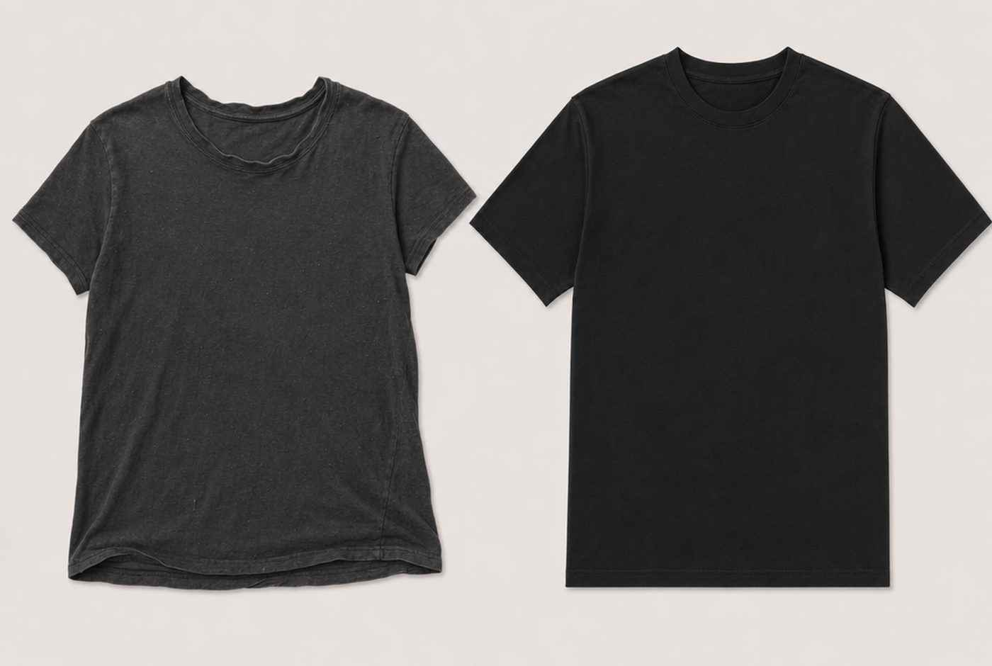 Two black tees after forty washes: a stretched, faded cheap tee on the left and the KEPT tee, still crisp, on the right