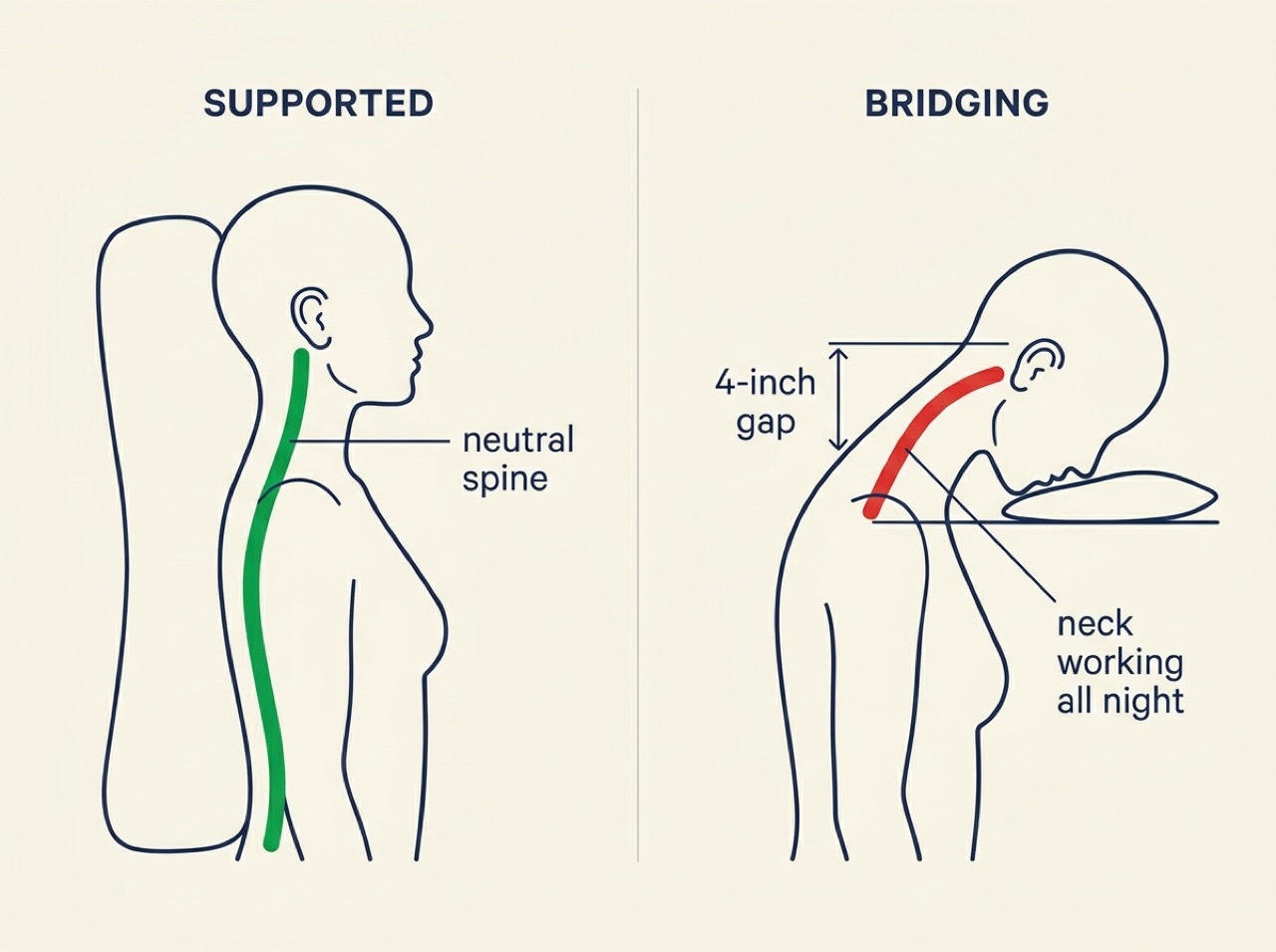 Diagram comparing a supported neutral spine to a bridging neck on a flat pillow