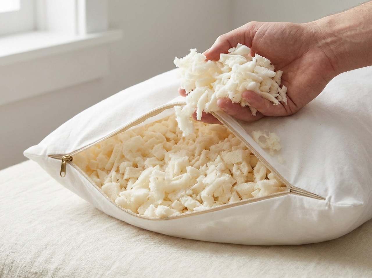A hand adding shredded latex fill through the NOD pillow's zipper