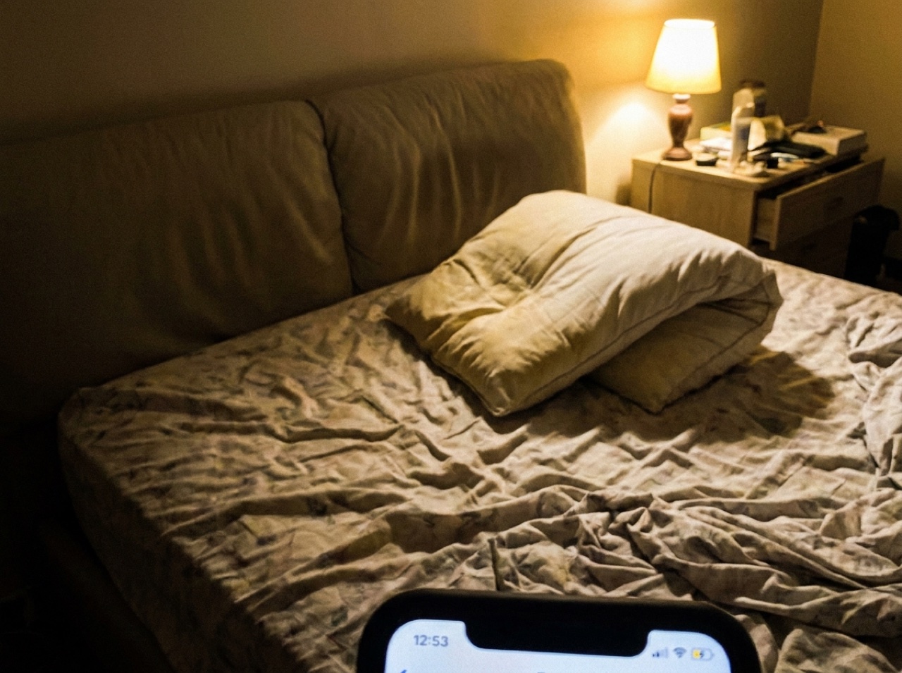 An old flat pillow folded in half on a rumpled bed at night