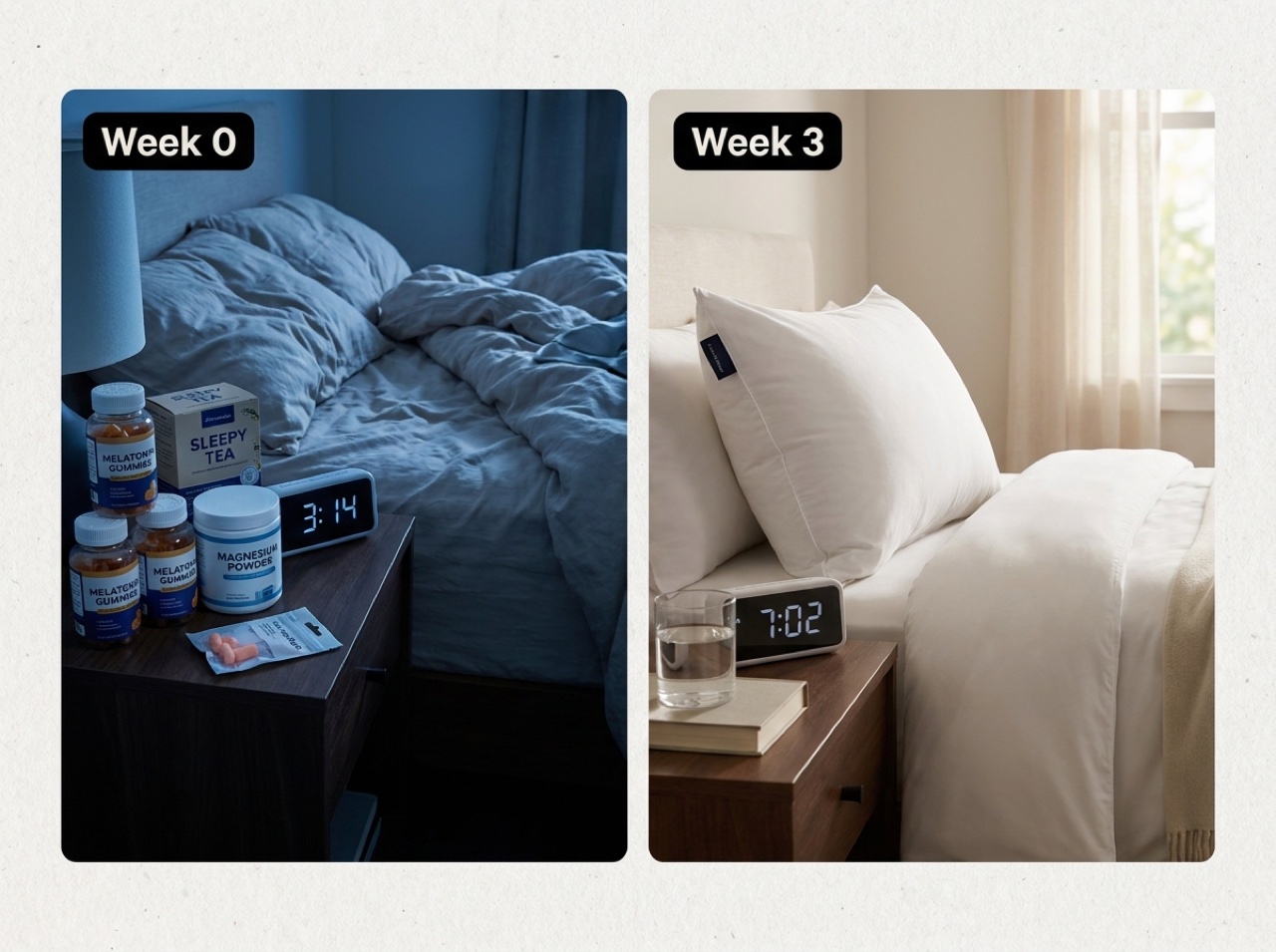 Week 0: nightstand full of sleep aids at 3:14 AM. Week 3: empty nightstand at 7:02 AM