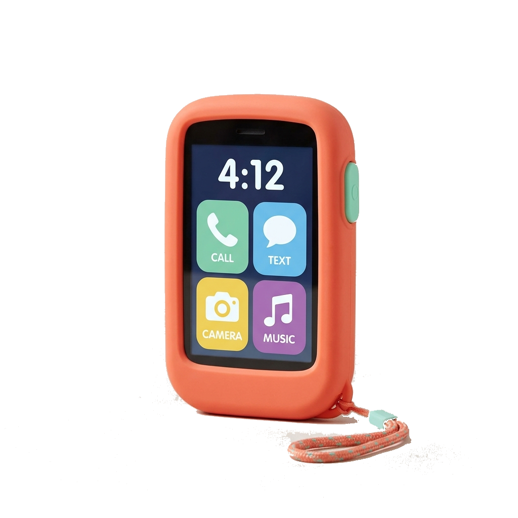 The coral PEBBLE phone showing a clock and four tiles: call, text, camera, music