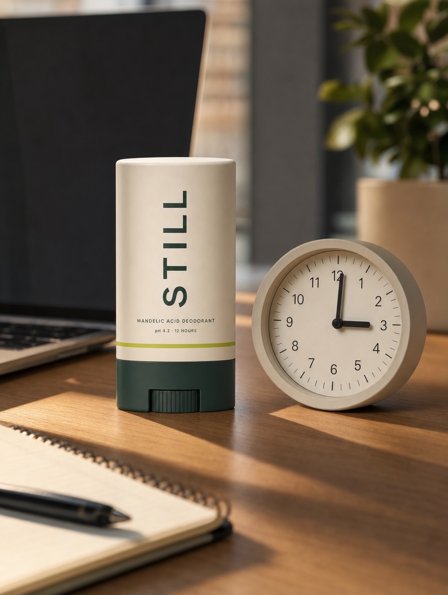 The STILL stick standing on an office desk beside a clock reading three o'clock