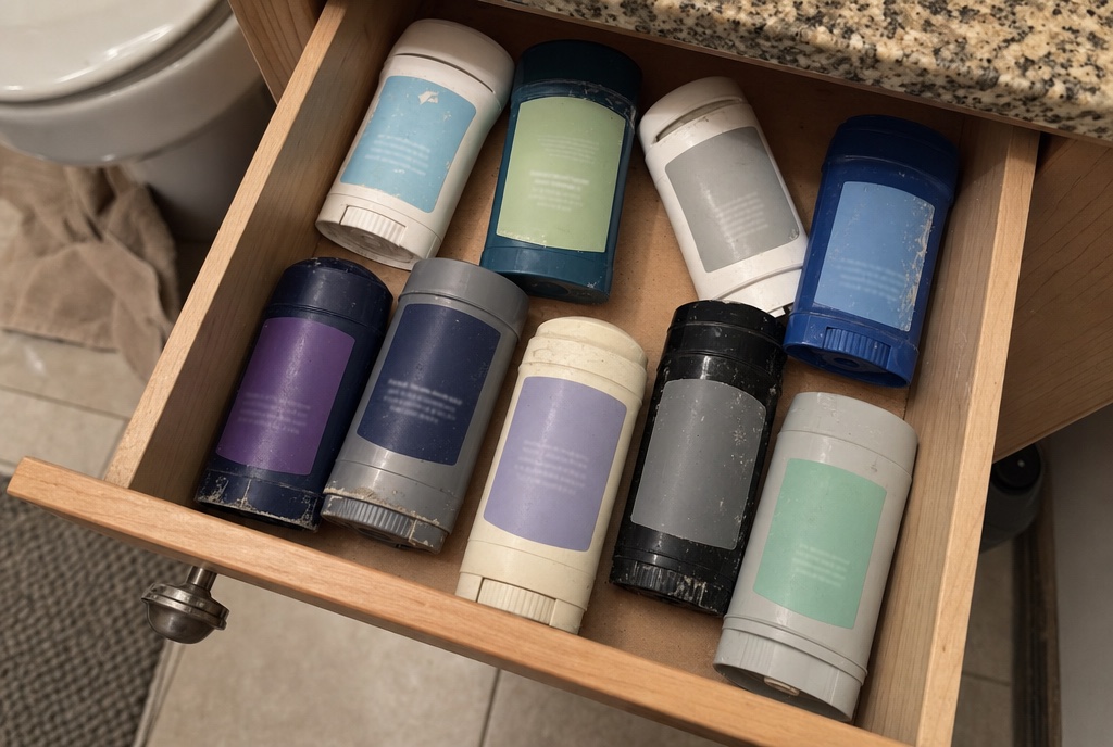 A bathroom drawer full of half-used deodorant sticks that stopped working