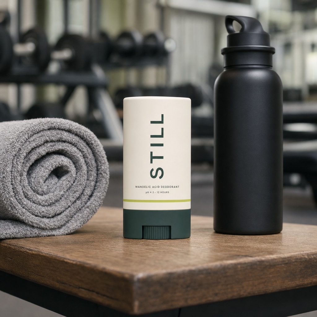 The STILL stick on a gym bench beside a towel