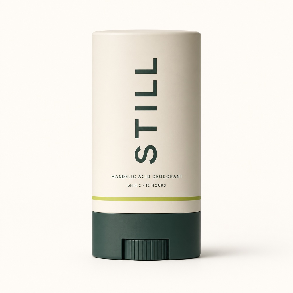 The STILL mandelic acid deodorant stick standing upright