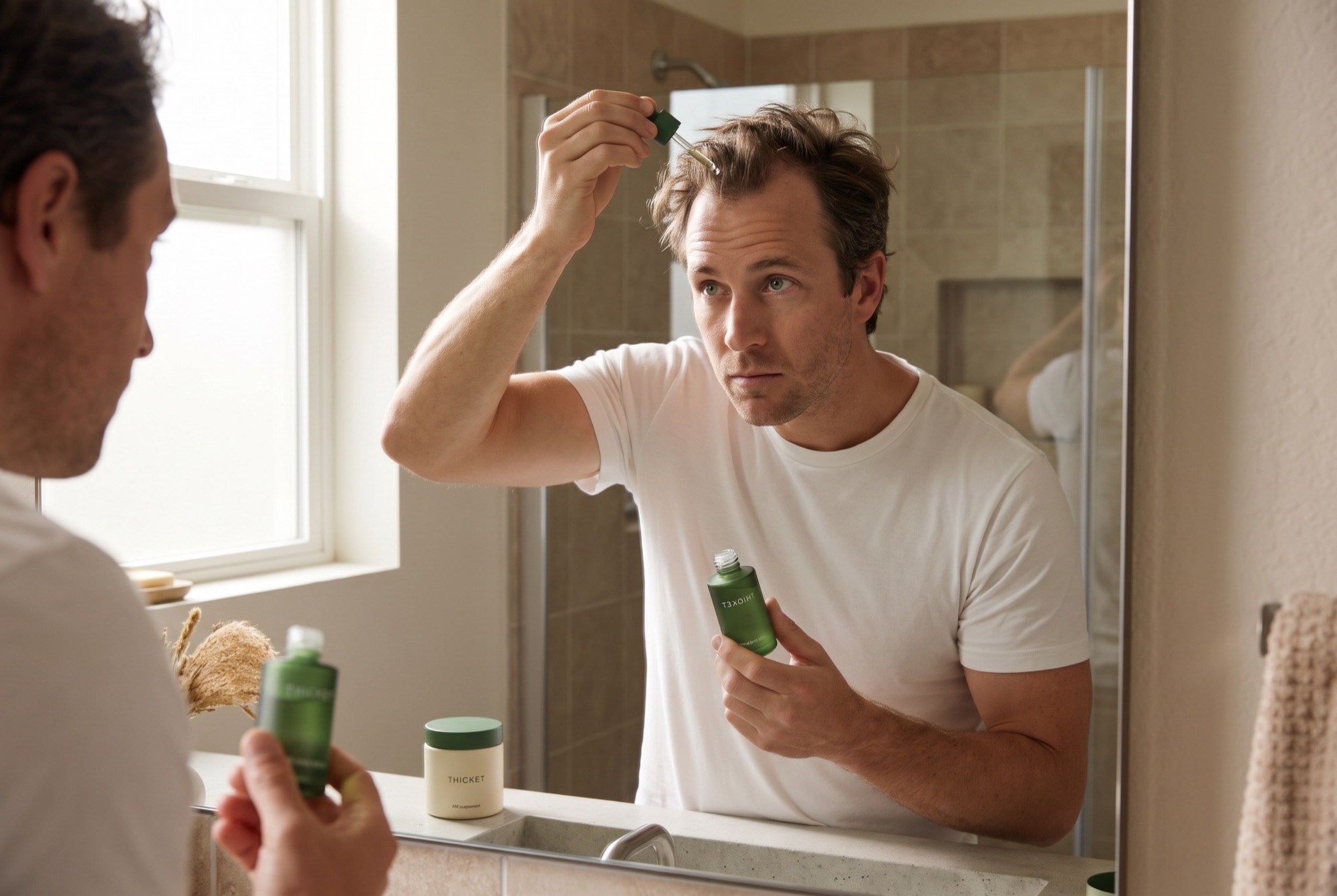 Man applying Thicket scalp serum at the bathroom mirror in the morning